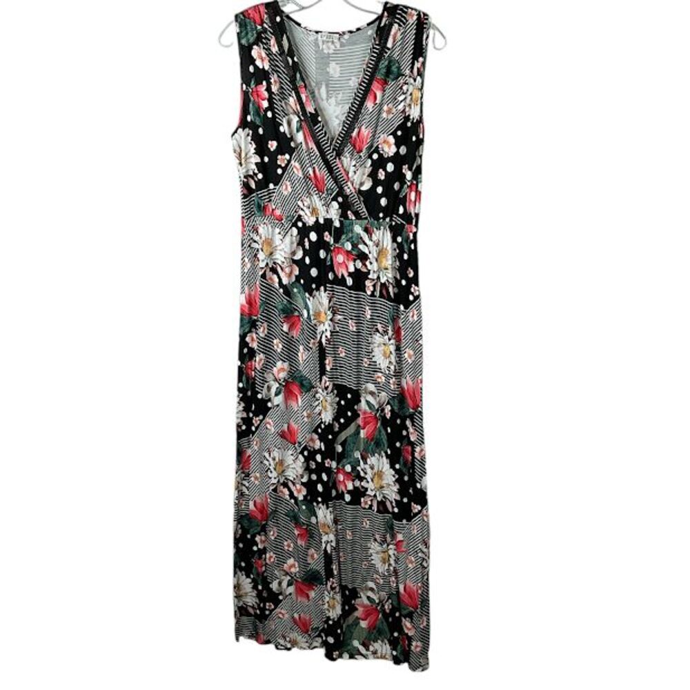 Spense Floral Maxi Dress Empire Waist Sz L Floor Length Sleeveless Plunging Neck